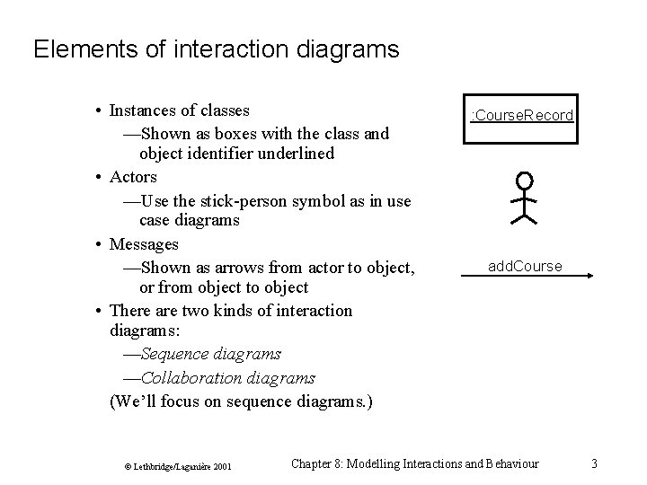 Elements of interaction diagrams • Instances of classes —Shown as boxes with the class Elements of interaction diagrams • Instances of classes —Shown as boxes with the class