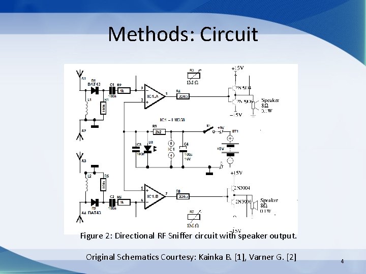 Methods: Circuit Figure 2: Directional RF Sniffer circuit with speaker output. Original Schematics Courtesy: