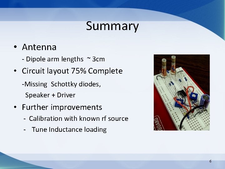 Summary • Antenna - Dipole arm lengths ~ 3 cm • Circuit layout 75%
