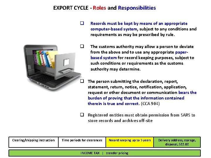 EXPORT CYCLE - Roles and Responsibilities q Records must be kept by means of