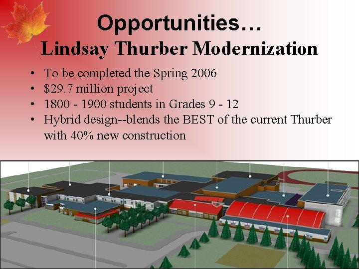 Opportunities… Lindsay Thurber Modernization • • To be completed the Spring 2006 $29. 7