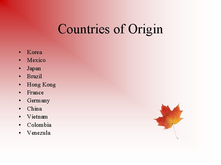 Countries of Origin • • • Korea Mexico Japan Brazil Hong Kong France Germany