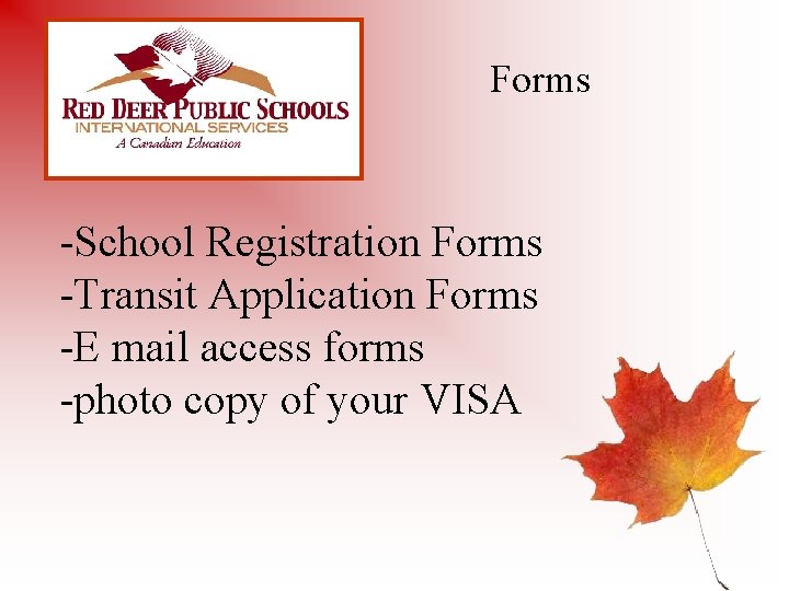 Forms -School Registration Forms -Transit Application Forms -E mail access forms -photo copy of