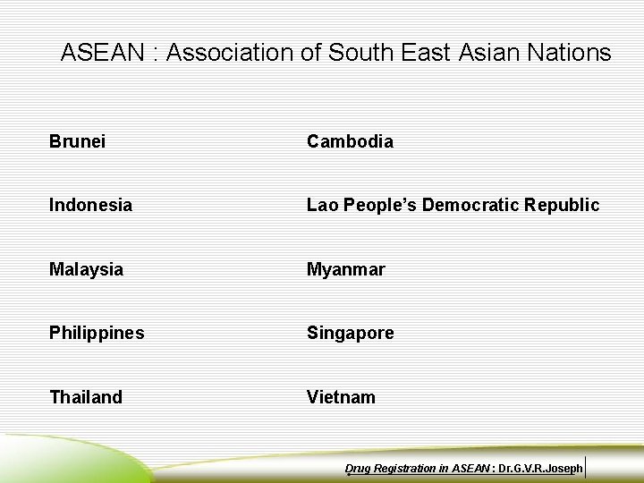 ASEAN : Association of South East Asian Nations Brunei Cambodia Indonesia Lao People’s Democratic