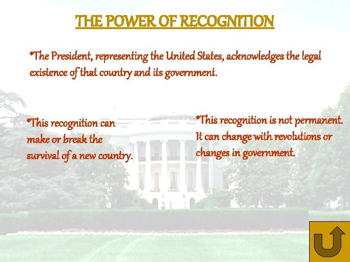 THE POWER OF RECOGNITION *The President, representing the United States, acknowledges the legal existence