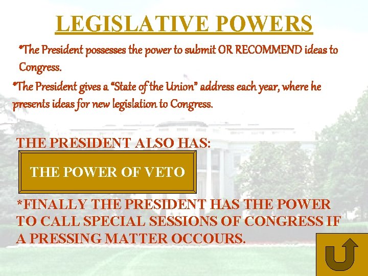 LEGISLATIVE POWERS *The President possesses the power to submit OR RECOMMEND ideas to Congress.