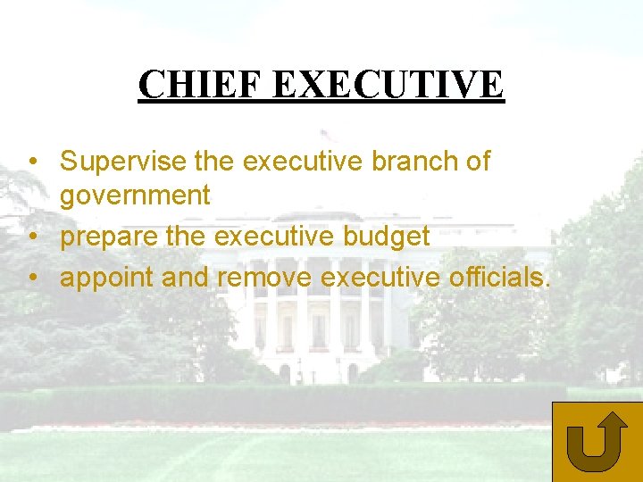 CHIEF EXECUTIVE • Supervise the executive branch of government • prepare the executive budget