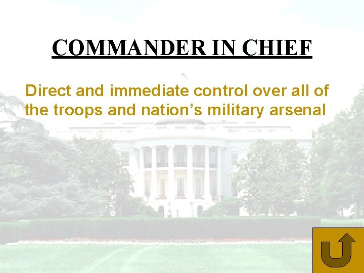 COMMANDER IN CHIEF Direct and immediate control over all of the troops and nation’s