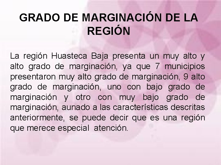 GRADO DE MARGINACIÓN DE LA REGIÓN La región Huasteca Baja presenta un muy alto
