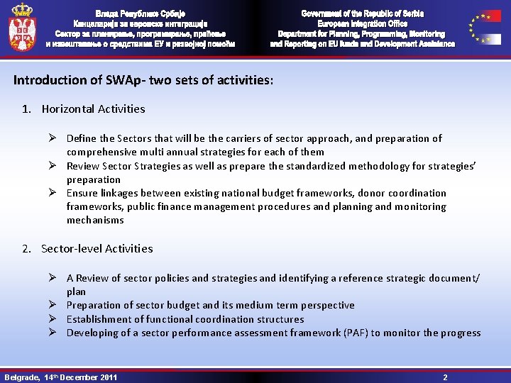 Introduction of SWAp- two sets of activities: 1. Horizontal Activities Ø Define the Sectors