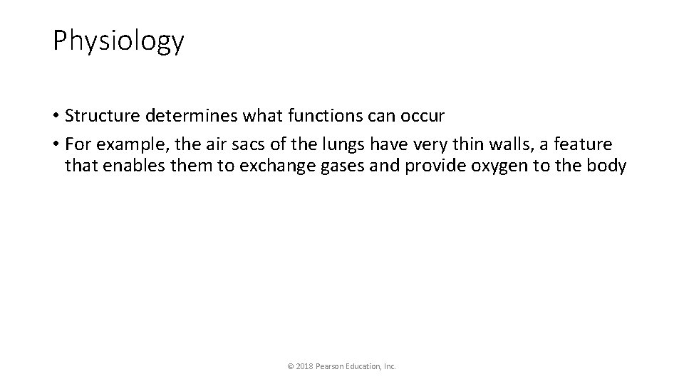 Physiology • Structure determines what functions can occur • For example, the air sacs