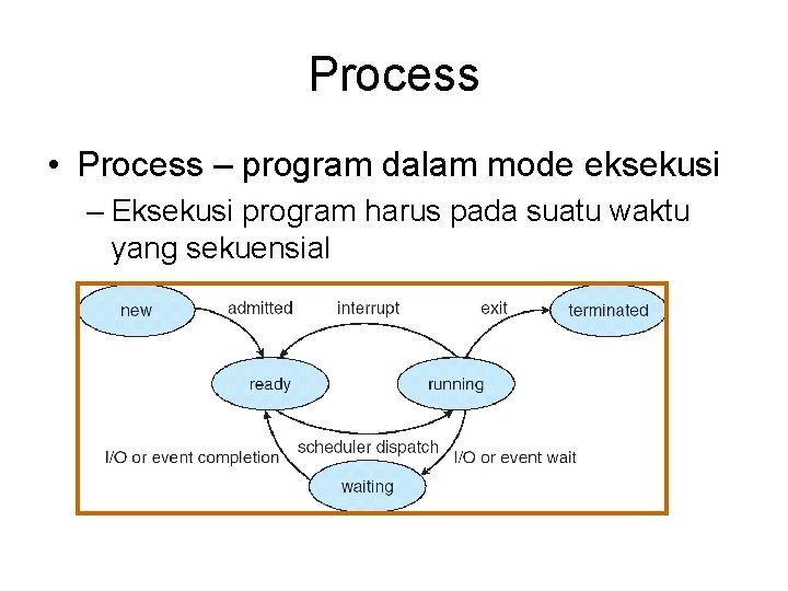 Process • Process – program dalam mode eksekusi – Eksekusi program harus pada suatu Process • Process – program dalam mode eksekusi – Eksekusi program harus pada suatu
