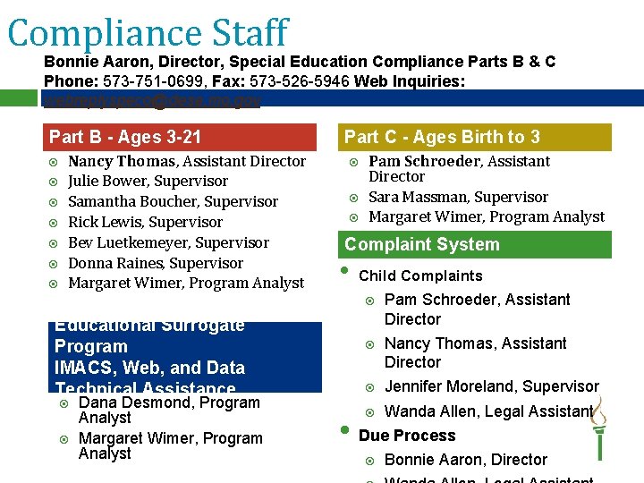Compliance Staff Bonnie Aaron, Director, Special Education Compliance Parts B & C Phone: 573