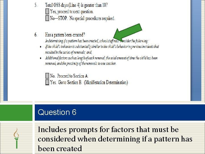 Question 6 Includes prompts for factors that must be considered when determining if a