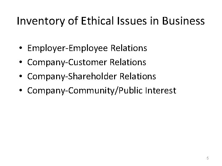 Inventory of Ethical Issues in Business • • Employer-Employee Relations Company-Customer Relations Company-Shareholder Relations