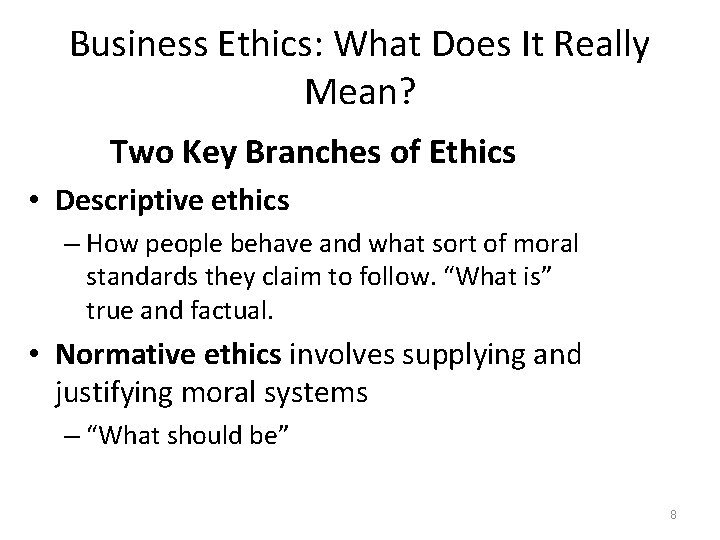 Business Ethics: What Does It Really Mean? Two Key Branches of Ethics • Descriptive