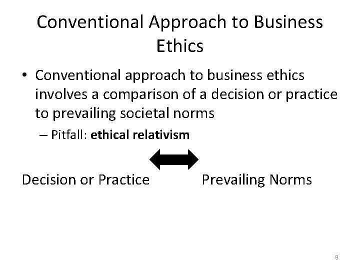 Conventional Approach to Business Ethics • Conventional approach to business ethics involves a comparison