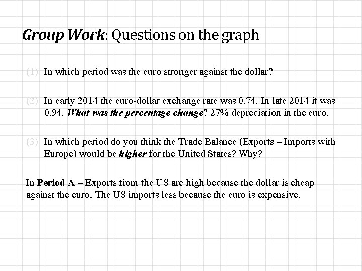 Group Work: Questions on the graph (1) In which period was the euro stronger