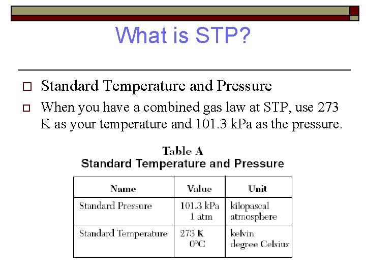 What is STP? o Standard Temperature and Pressure o When you have a combined