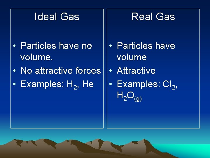 Ideal Gas Real Gas • Particles have no • Particles have volume • No