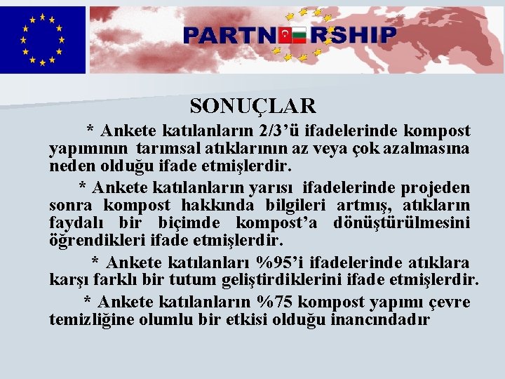 SONUÇLAR * Ankete katılanların 2/3’ü ifadelerinde kompost yapımının tarımsal atıklarının az veya çok azalmasına