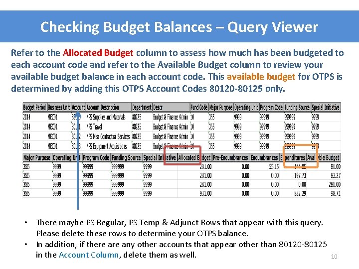 Checking Budget Balances – Query Viewer Refer to the Allocated Budget column to assess