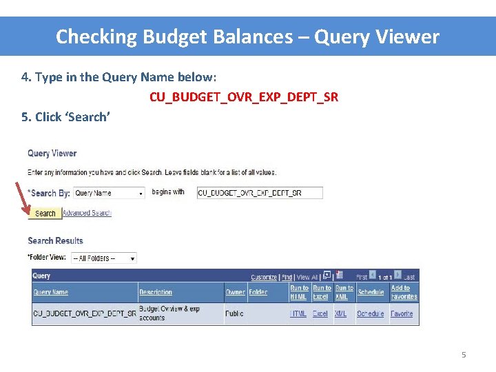 Checking Budget Balances – Query Viewer 4. Type in the Query Name below: CU_BUDGET_OVR_EXP_DEPT_SR
