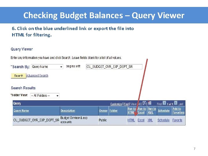 Checking Budget Balances – Query Viewer 6. Click on the blue underlined link or