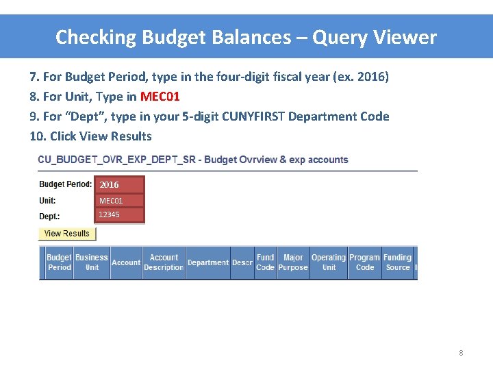Checking Budget Balances – Query Viewer 7. For Budget Period, type in the four-digit