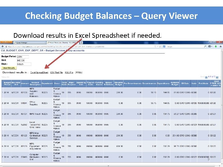 Checking Budget Balances – Query Viewer Download results in Excel Spreadsheet if needed. 9