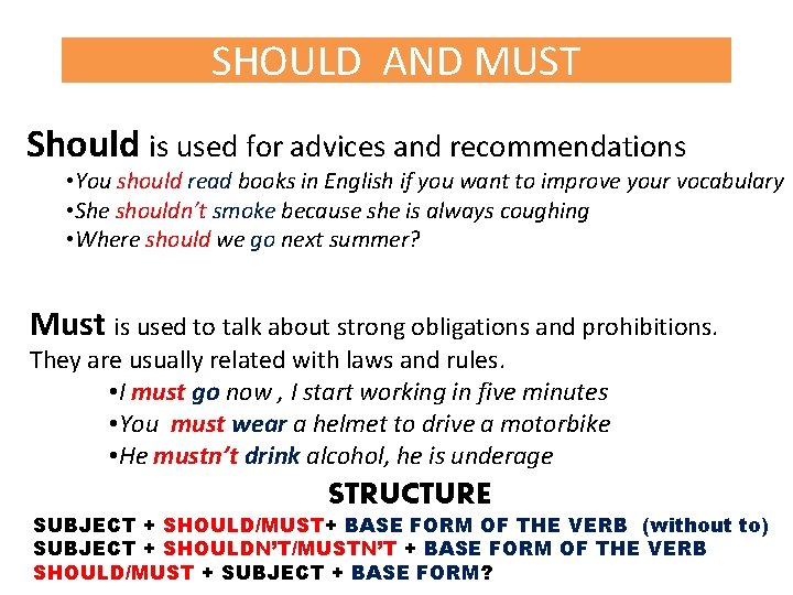 SHOULD AND MUST Should is used for advices and recommendations • You should read