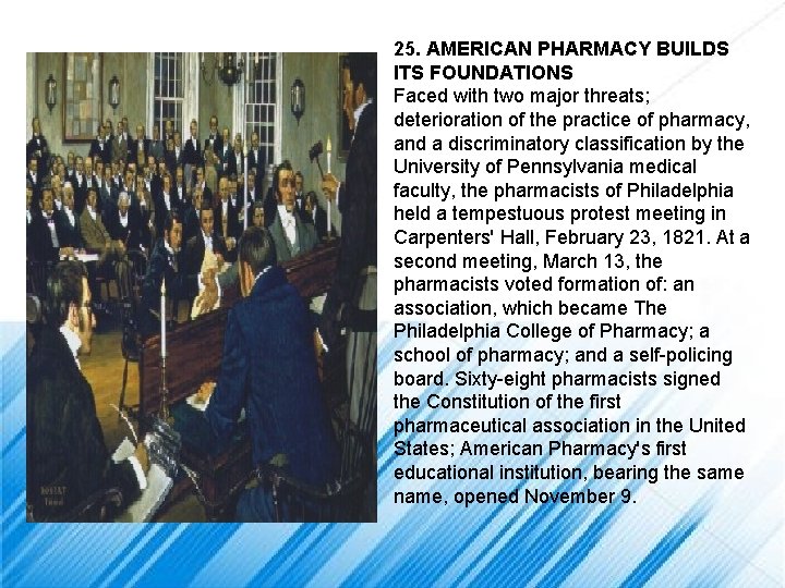 25. AMERICAN PHARMACY BUILDS ITS FOUNDATIONS Faced with two major threats; deterioration of the