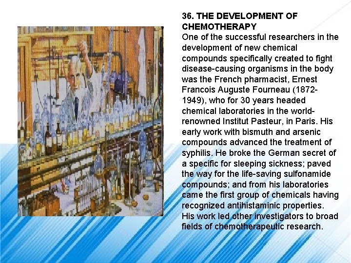 36. THE DEVELOPMENT OF CHEMOTHERAPY One of the successful researchers in the development of