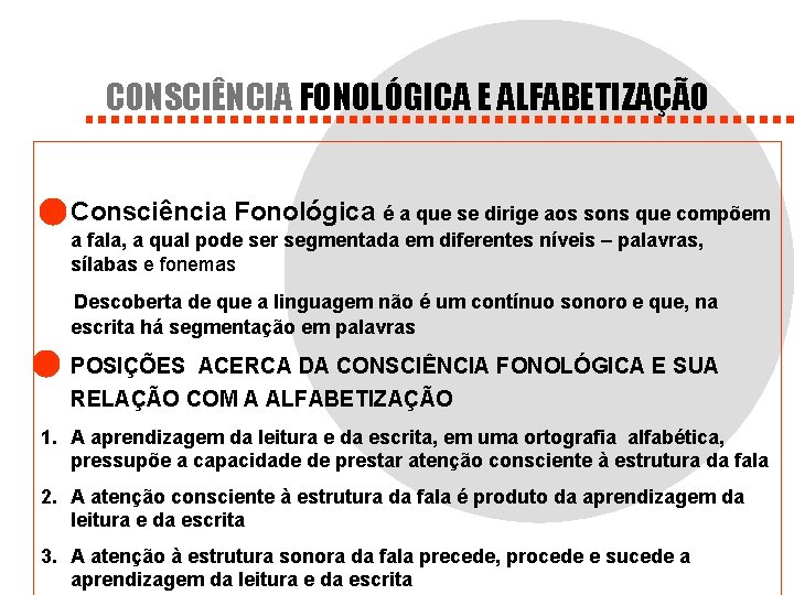 CONSCIÊNCIA FONOLÓGICA E ALFABETIZAÇÃO Consciência Fonológica é a que se dirige aos sons que