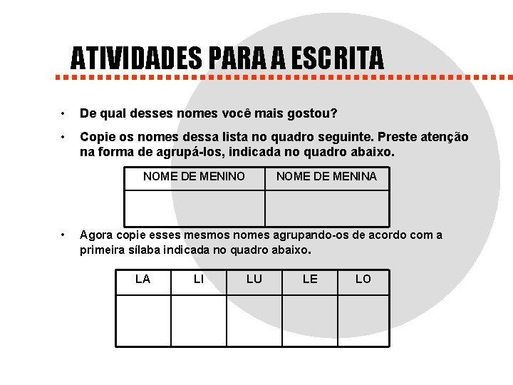 ATIVIDADES PARA A ESCRITA • De qual desses nomes você mais gostou? • Copie