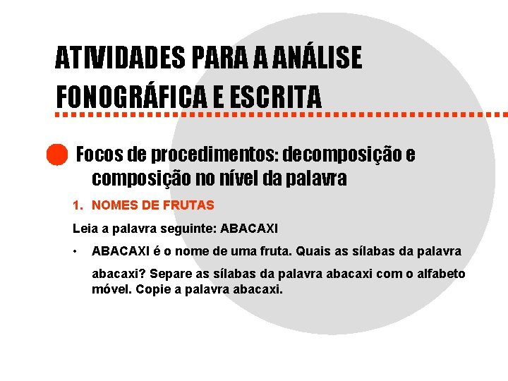 ATIVIDADES PARA A ANÁLISE FONOGRÁFICA E ESCRITA Focos de procedimentos: decomposição e composição no