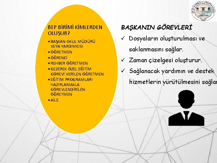 BEP BİRİMİ KİMLERDEN OLUŞUR? • BAŞKAN OKUL MÜDÜRÜ VEYA YARDIMCISI • ÖĞRETMEN • ÖĞRENCİ