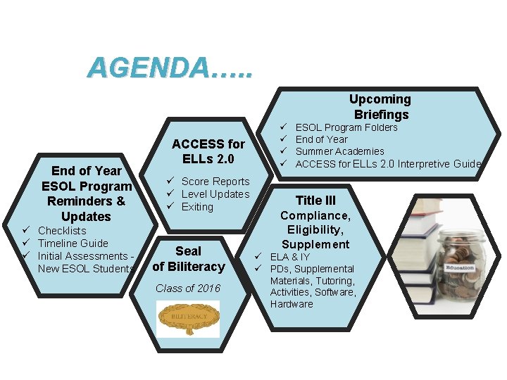 AGENDA…. . Upcoming Briefings End of Year ESOL Program Reminders & Updates ü Checklists