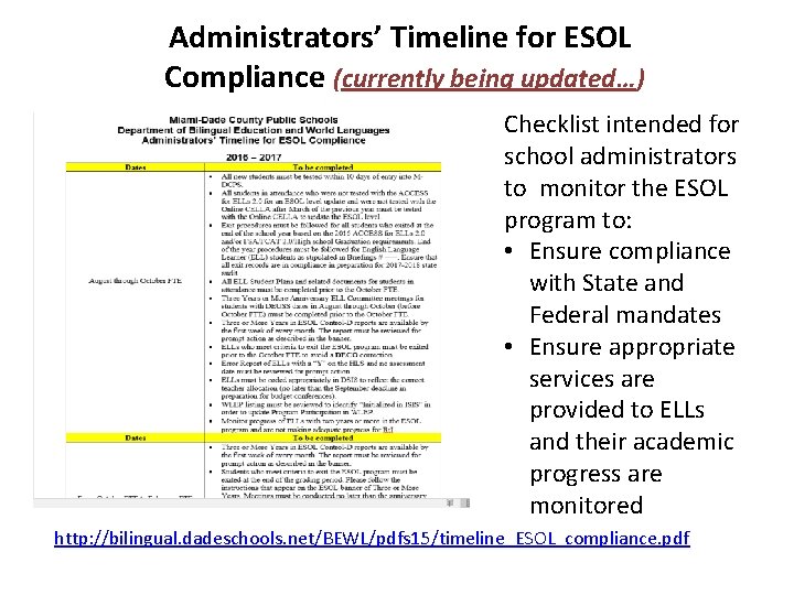 Administrators’ Timeline for ESOL Compliance (currently being updated…) Checklist intended for school administrators to