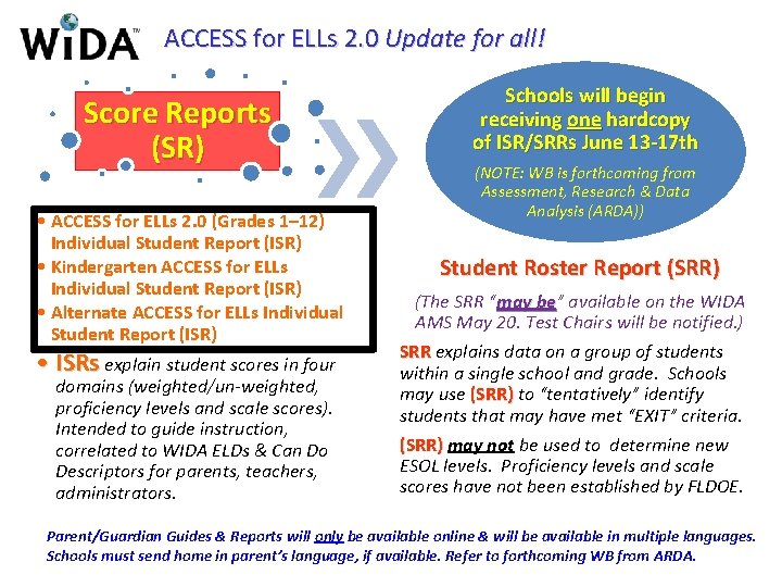 ACCESS for ELLs 2. 0 Update for all! Score Reports (SR) • ACCESS for