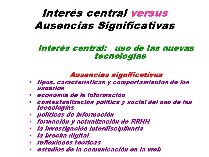 Interés central versus Ausencias Significativas Interés central: uso de las nuevas tecnologías Ausencias significativas