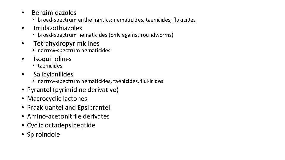  • Benzimidazoles • broad-spectrum anthelmintics: nematicides, taenicides, flukicides • Imidazothiazoles • broad-spectrum nematicides