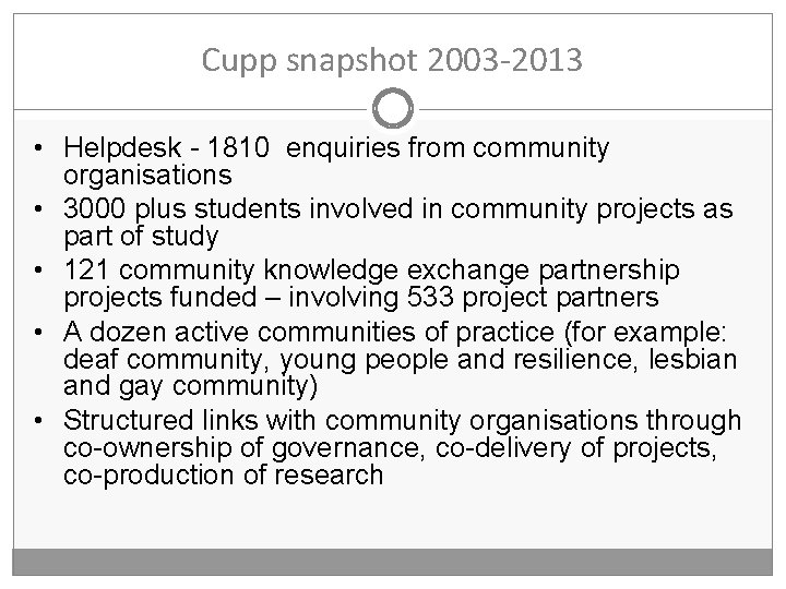 Cupp snapshot 2003 -2013 • Helpdesk - 1810 enquiries from community organisations • 3000