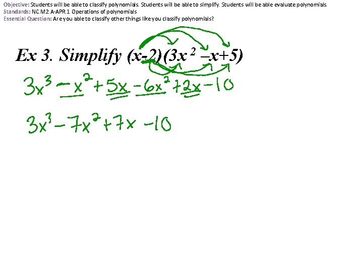 Objective: Students will be able to classify polynomials. Students will be able to simplify.