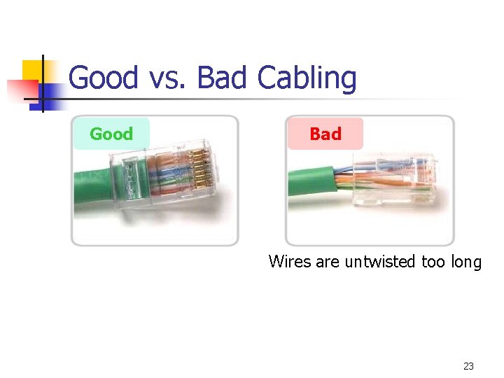 Good vs. Bad Cabling Good Bad Wires are untwisted too long 23 