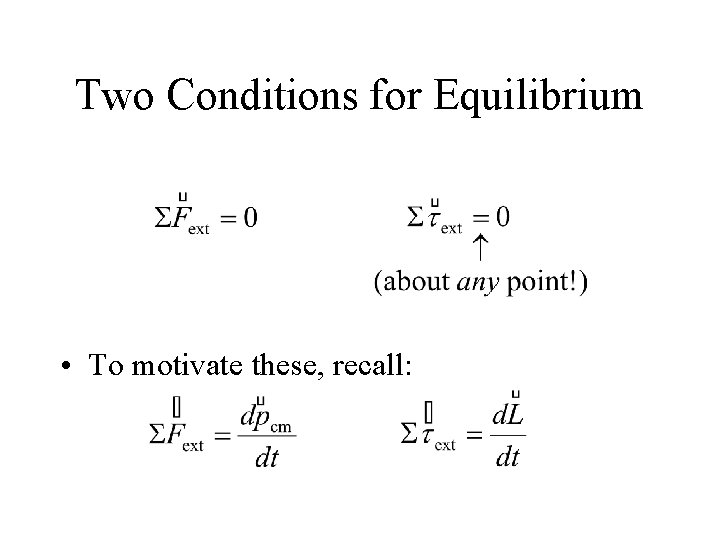 Two Conditions for Equilibrium • To motivate these, recall: 