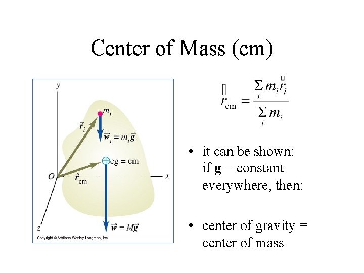 Center of Mass (cm) • it can be shown: if g = constant everywhere,