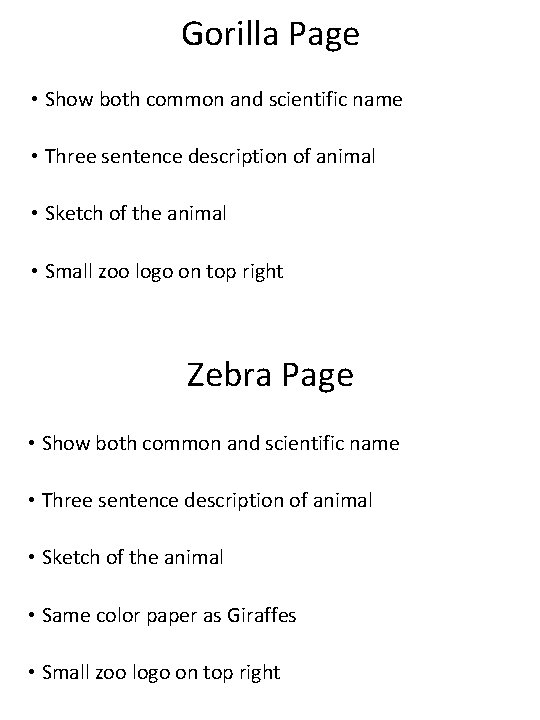 Gorilla Page • Show both common and scientific name • Three sentence description of