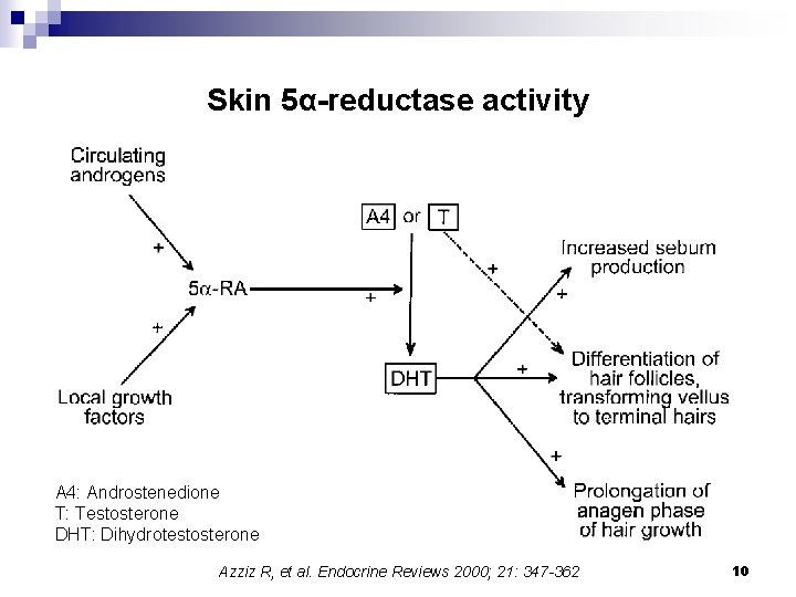 Skin 5α-reductase activity A 4: Androstenedione T: Testosterone DHT: Dihydrotestosterone Azziz R, et al.