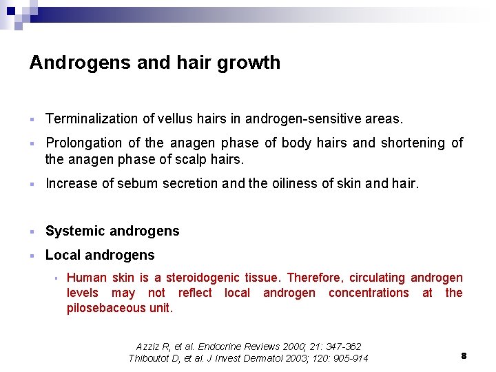 Androgens and hair growth § Terminalization of vellus hairs in androgen-sensitive areas. § Prolongation